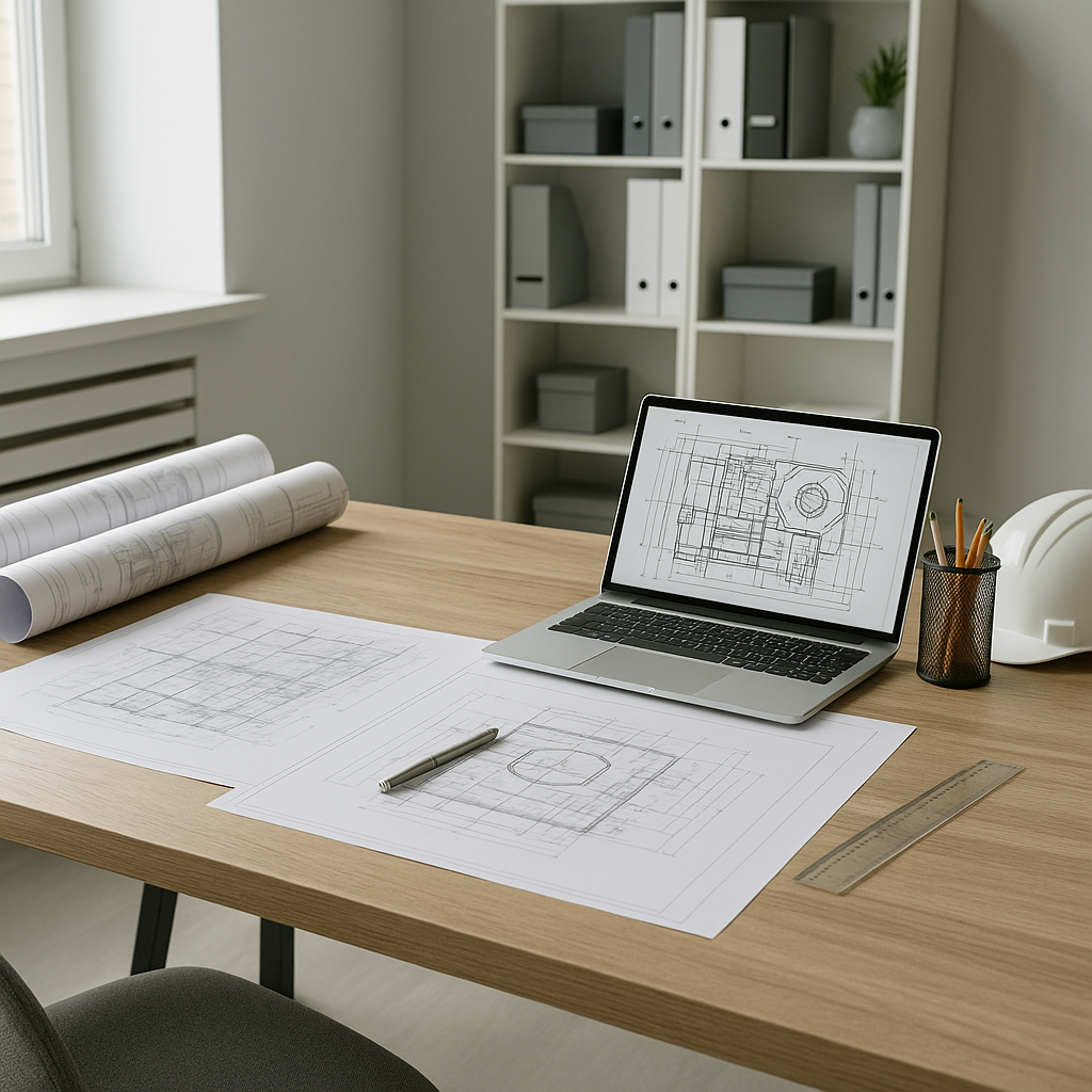Engineering office with plans and laptop